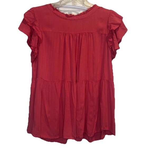 Jodifl Bright Pink Ruffle Flutter Short Sleeve Tiered Baby Doll Top Blouse Sz L - Picture 1 of 10